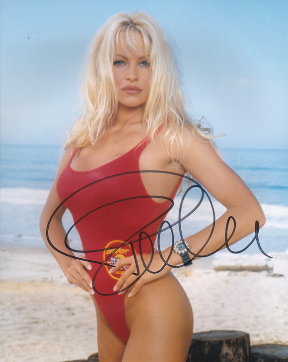 Pamela Anderson 10x8 signed in Black Baywatch Showmasters Comic Con Official Autograph Shop